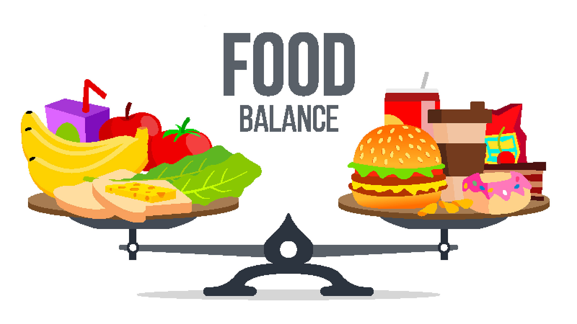 Balance Of Healthy And Unhealthy Food Vector. Isolated Cartoon I